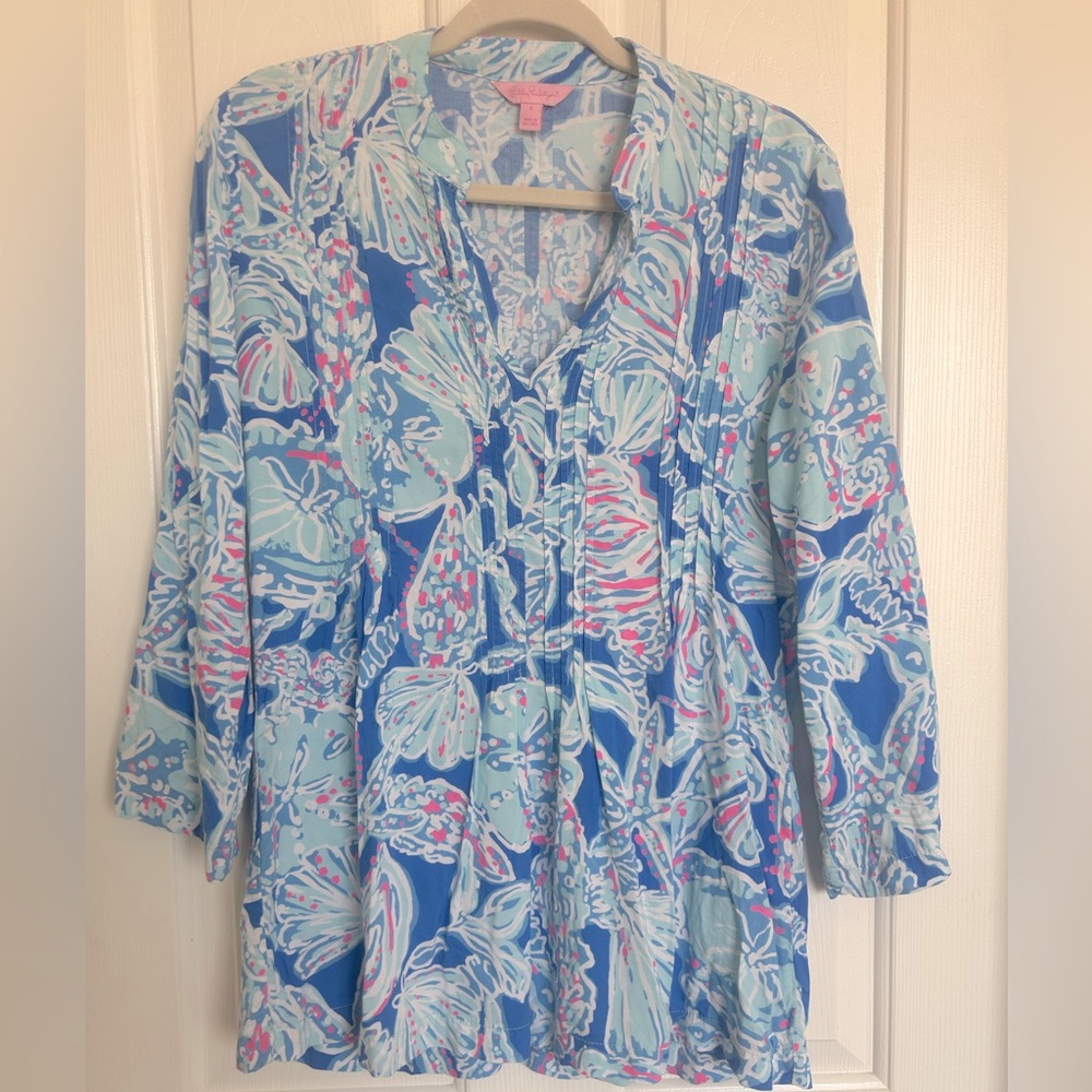 Lilly Pulitzer 100%‎ Rayon Sarasota V Neck Tunic Seashells Blue Pink Size Small